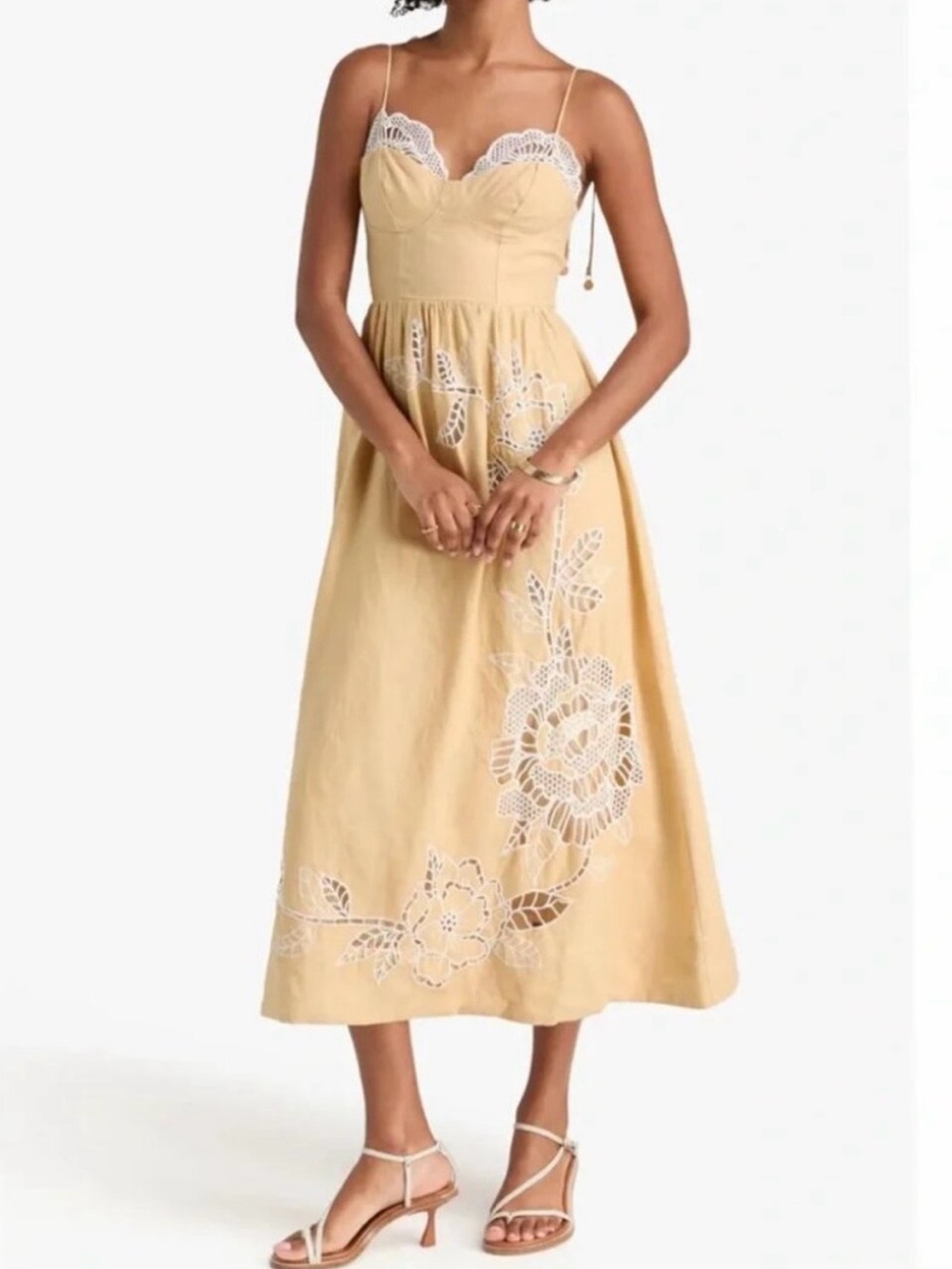 Caroline Constas Yellow Midi Dress with Floral Appliqué